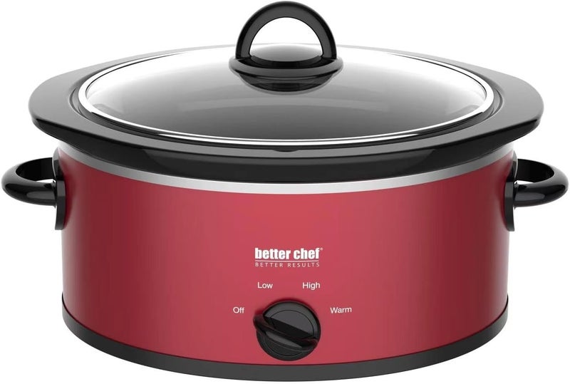 Oval Slow Cooker | 3-Quart | 3-Tempature Settings | Side Handles | Glass Lid | Enamel Stoneware Insert (Red)